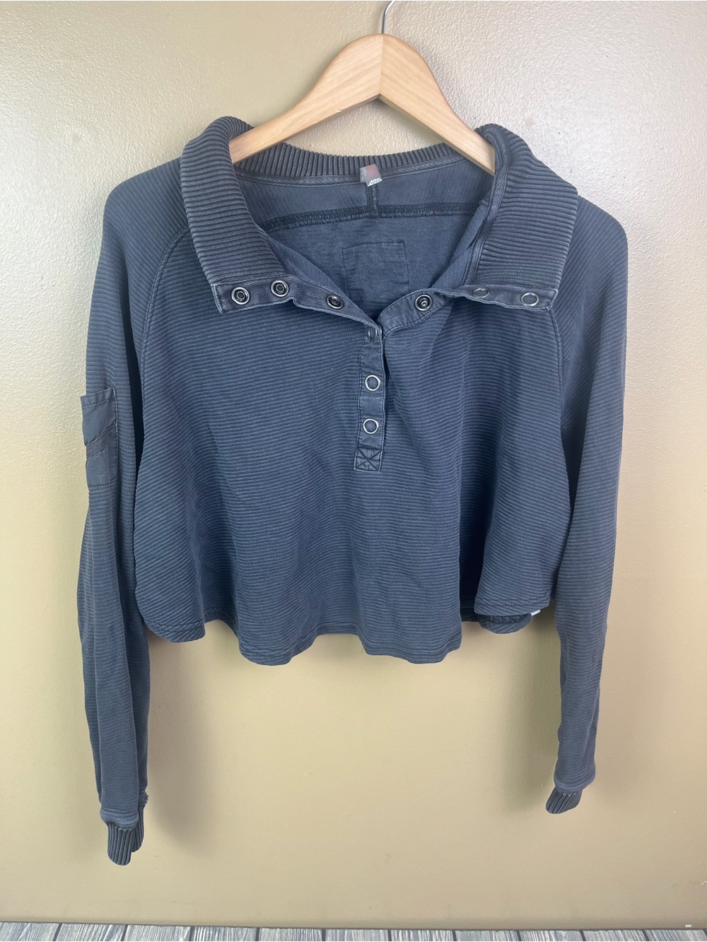 FP Free People Henley Style Oversized Long Sleeve Tee Grey Medium
